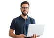 © Image stock - Smiling man with beard and glasses holding a laptop isolated on transparent background