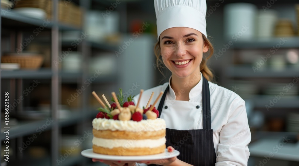 Skilled pastry chef presenting beautifully crafted celebration cake in ...