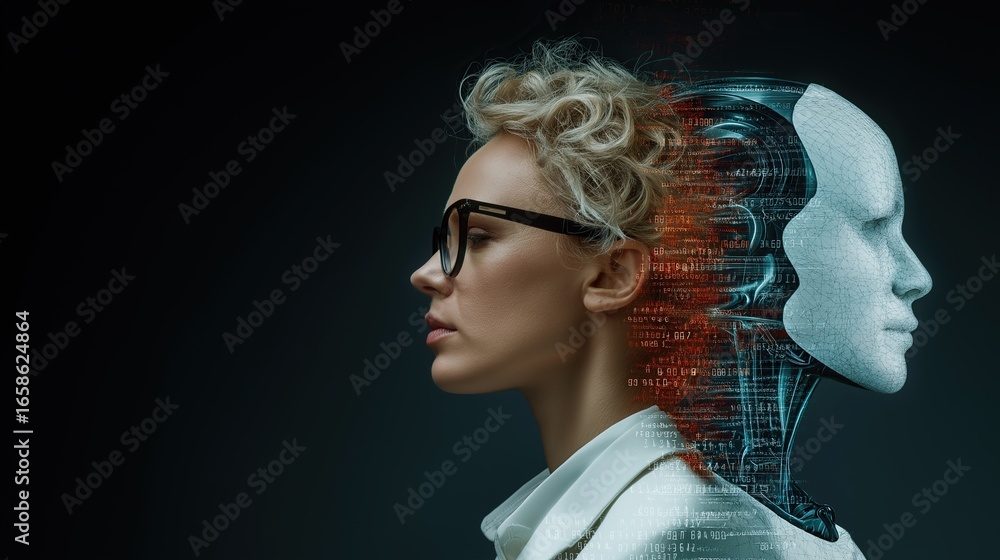 A futuristic humanoid AI agent robot and a human working as a team ...
