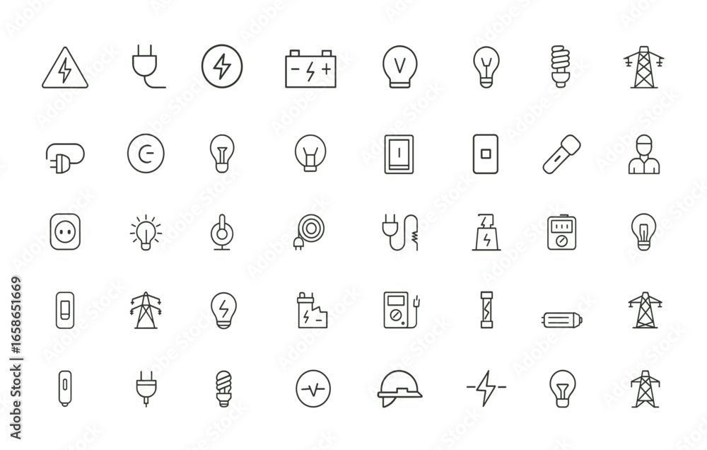 Utility Simbole Electric power line icons in outline style. Vector linear icons of ...