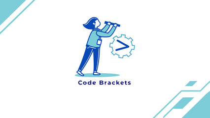 Programmer holding binoculars looking at a gear with a greater than symbol representing coding and technology
