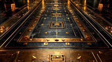 Golden geometric floor corridor; luxury background