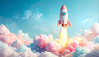 © LV stocks - A toy-like pink rocket launching upward into a bright blue sky with clouds, playful and surreal.