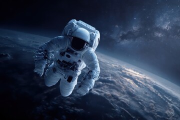 Wall Mural - exploration of the cosmos by a spaceman floating in the vastness of space with stars and distant pla