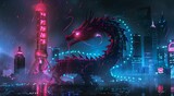 Neon Dragon Over Skyline: A majestic dragon, rendered in vibrant neon, dramatically dominates a futuristic cityscape.