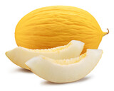 Canary yellow melon and melon slices isolated on white background. Cut out PNG file.