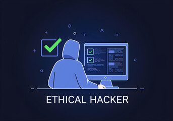 person in blue hoodie at computer with checkmarks hacker