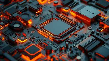 A glowing circuit board with central processor and various electronic components.