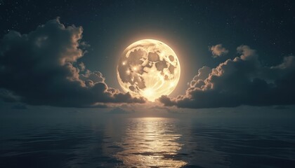 Wall Mural - full moon shines brightly over calm ocean at night. clouds drift across starry sky, partially obscur