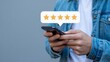 © TechVerse - Close up of hands holding a smartphone with a five-star rating bubble and glowing stars glowing in a feedback concept