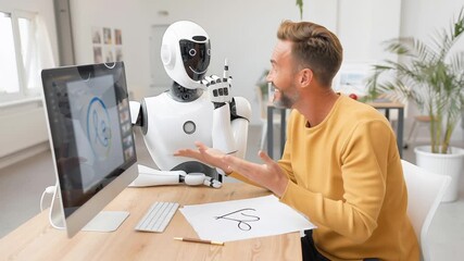 Smiling mature man in yellow sweater teaches robot to draw signature at modern workspace. White humanoid robot points at computer screen with logo. Friendly interaction between human and AI