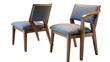 © Talha - Two wooden chairs with blue upholstery on a white background showing the back and side view of one chair