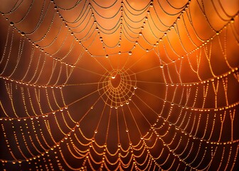 Intricate Dew Drops Adorning Golden Spiderweb in Warm Sunlight water droplets delicate