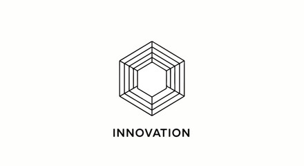 Abstract layered hexagonal icon in black line art with the word Innovation.