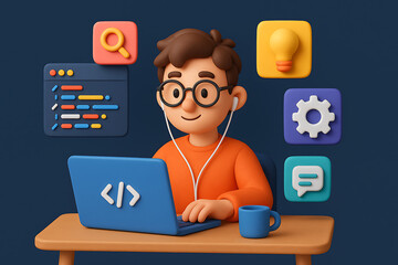 A charming 3d character illustration of a male software developer or programmer working on his laptop, surrounded by icons for coding, ideas, and problem solving