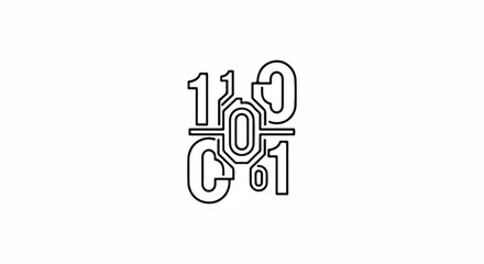 Futuristic black line art emblem featuring stylized binary code numbers and circuitlike patterns.
