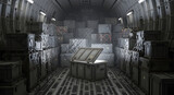 Inside a military cargo plane filled with crates a single mysterious container is opened emitting a powerful glow suggesting a secret discovery or valuable hidden contents.
