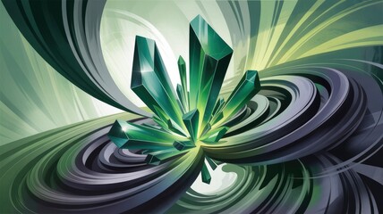 Wall Mural - emerald crystal cluster in abstract swirling vortex