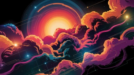 Wall Mural - abstract cosmic cloudscape vibrant sunset over a digital nebula