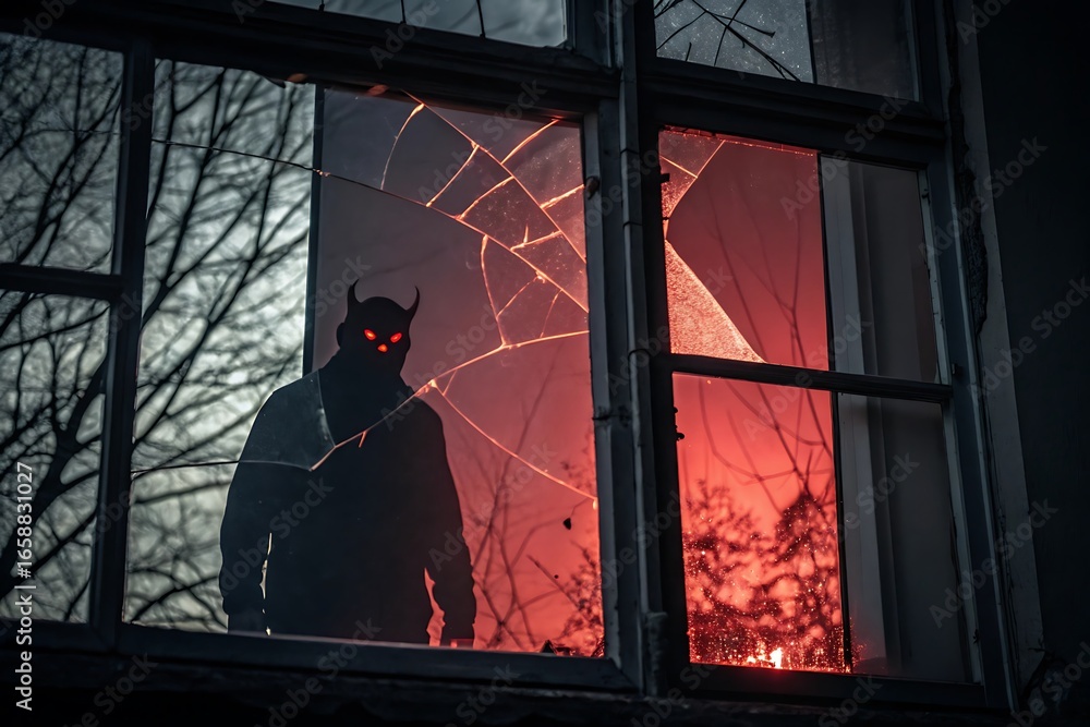Demon In Window A demonic figure lurks behind a broken window, its red eyes glowing ...