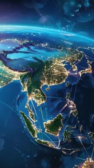 Wall Mural - Digital night view of Earth, with lights of cities illuminated and glowing.