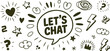 © Art by Redu - trendy doodle style illustration with speech bubble text let’s chat surrounded by fun hand drawn icons symbols and communication elements