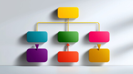 Colorful flowchart shows structured business processes with distinct shapes. Minimalistic white background enhances clarity and organization