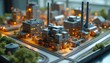 © Vadym - Miniature industrial complex model featuring multiple factory buildings, roads, railways on platform. Tiny cars, rich plants surround detailed structures. Warm lights emanate from windows, creating