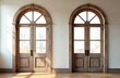 © Vadym - Pair of rustic, antique double doors with arched transom windows. Features weathered wood, elegant hardware, against minimalist light wall, hardwood floor. Offers vintage charm, farmhouse style,