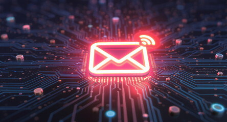 high-tech glowing envelope email interface in dark background, digital security access panel, sci-fi design