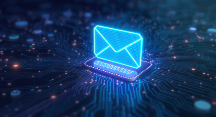 high-tech glowing envelope email interface in dark background, digital security access panel, sci-fi design