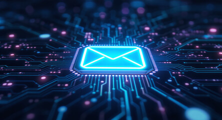 high-tech glowing envelope email interface in dark background, digital security access panel, sci-fi design