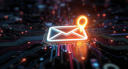 high-tech glowing envelope email interface in dark background, digital security access panel, sci-fi design