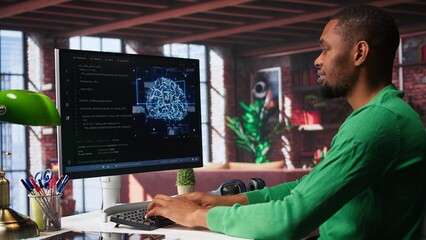 System administrator programming AI brain computerized model of neural network for machine learning, solving tasks on computer. Debugging software algorithm and checking for errors. Camera B.