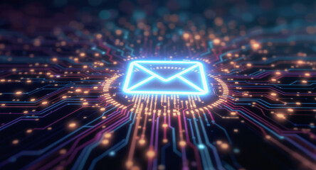 high-tech glowing envelope email interface in dark background, digital security access panel, sci-fi design