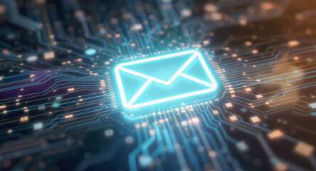 high-tech glowing envelope email interface in dark background, digital security access panel, sci-fi design