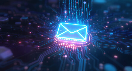 high-tech glowing envelope email interface in dark background, digital security access panel, sci-fi design
