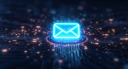 high-tech glowing envelope email interface in dark background, digital security access panel, sci-fi design