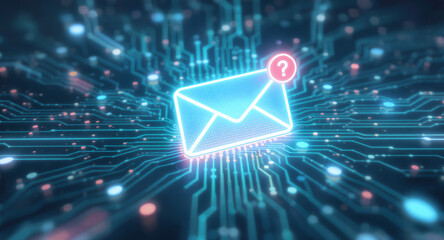 high-tech glowing envelope email interface in dark background, digital security access panel, sci-fi design