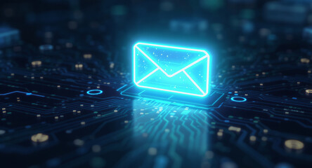 high-tech glowing envelope email interface in dark background, digital security access panel, sci-fi design