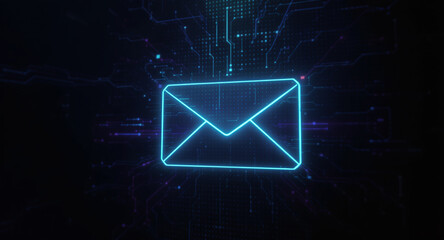 high-tech glowing envelope email interface in dark background, digital security access panel, sci-fi design