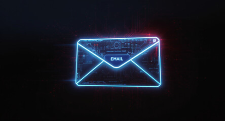high-tech glowing envelope email interface in dark background, digital security access panel, sci-fi design