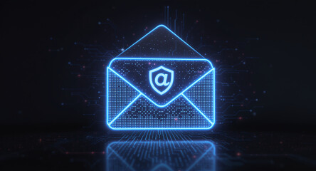 high-tech glowing envelope email interface in dark background, digital security access panel, sci-fi design