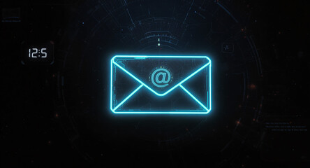high-tech glowing envelope email interface in dark background, digital security access panel, sci-fi design