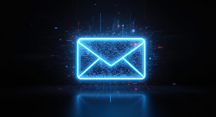 high-tech glowing envelope email interface in dark background, digital security access panel, sci-fi design