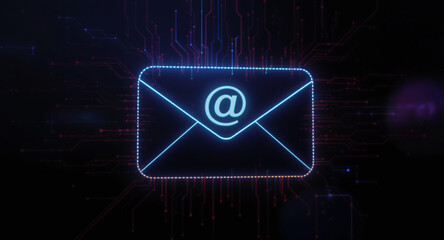 high-tech glowing envelope email interface in dark background, digital security access panel, sci-fi design