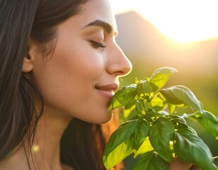 Woman smelling basil outdoors