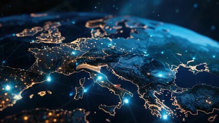 Wall Mural - digital representation of earth at night, illuminated by satellite signals and stars against the dar