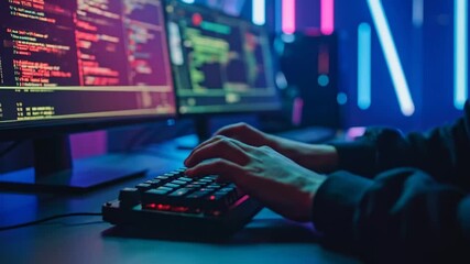 Cybersecurity Expert Coding in a Neon-Lit Workspace Developing New Software and Programing