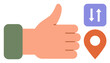 © robu_s - Hand giving thumbs-up next to orange location pin and blue data transfer icon. Ideal for navigation, approval, feedback, communication, direction, decision-making, or teamwork themes. Simple flat